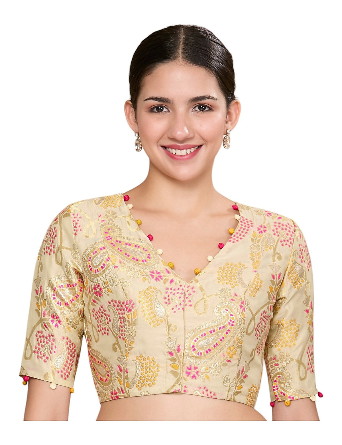 Golden Silky Brocade Readymade Blouse with V Neck front view
