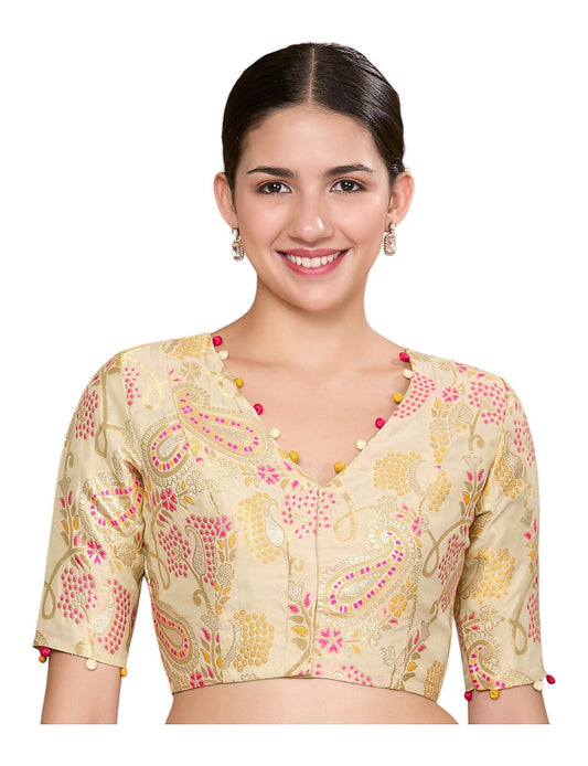 Golden Silky Brocade Readymade Blouse with V Neck front view
