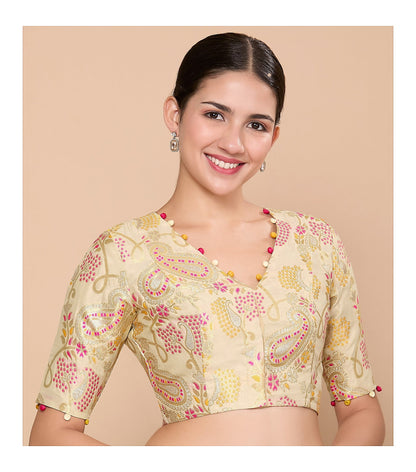 Golden Silky Brocade Readymade Blouse with V Neck