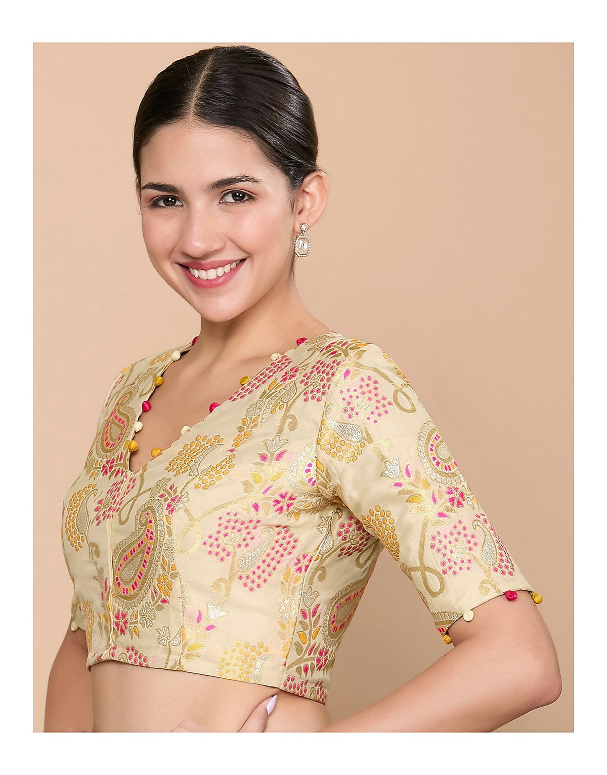 Golden Silky Brocade Readymade Blouse with V Neck