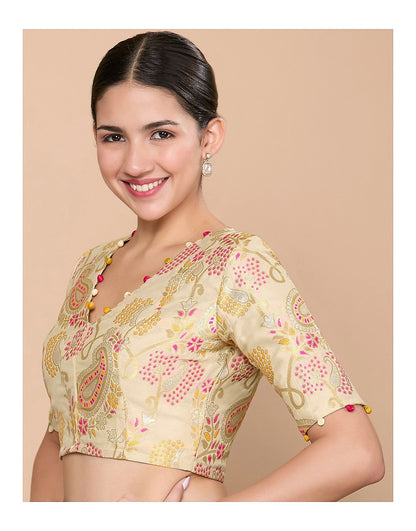 Golden Silky Brocade Readymade Blouse with V Neck