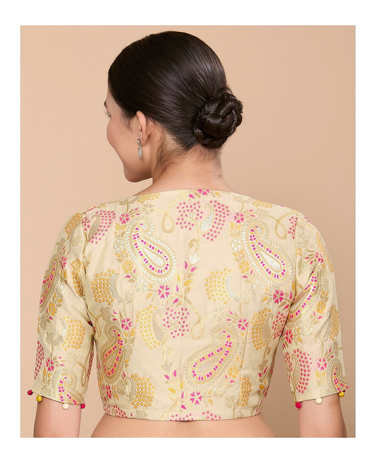 Golden Silky Brocade Readymade Blouse with V Neck