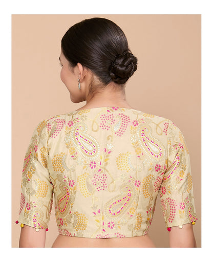 Golden Silky Brocade Readymade Blouse with V Neck
