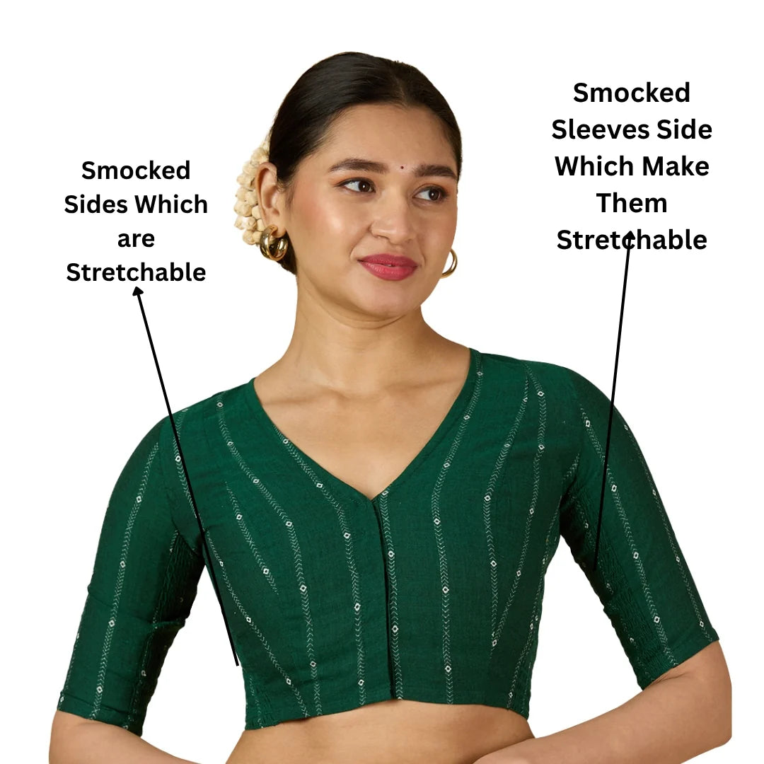 Women’s Green Cool Cotton Side Stretchable Saree Blouse | V-Neck Readymade Blouse