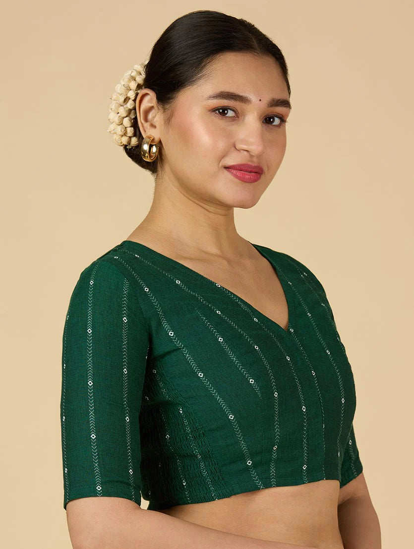 Women’s Green Cool Cotton Side Stretchable Saree Blouse | V-Neck Readymade Blouse