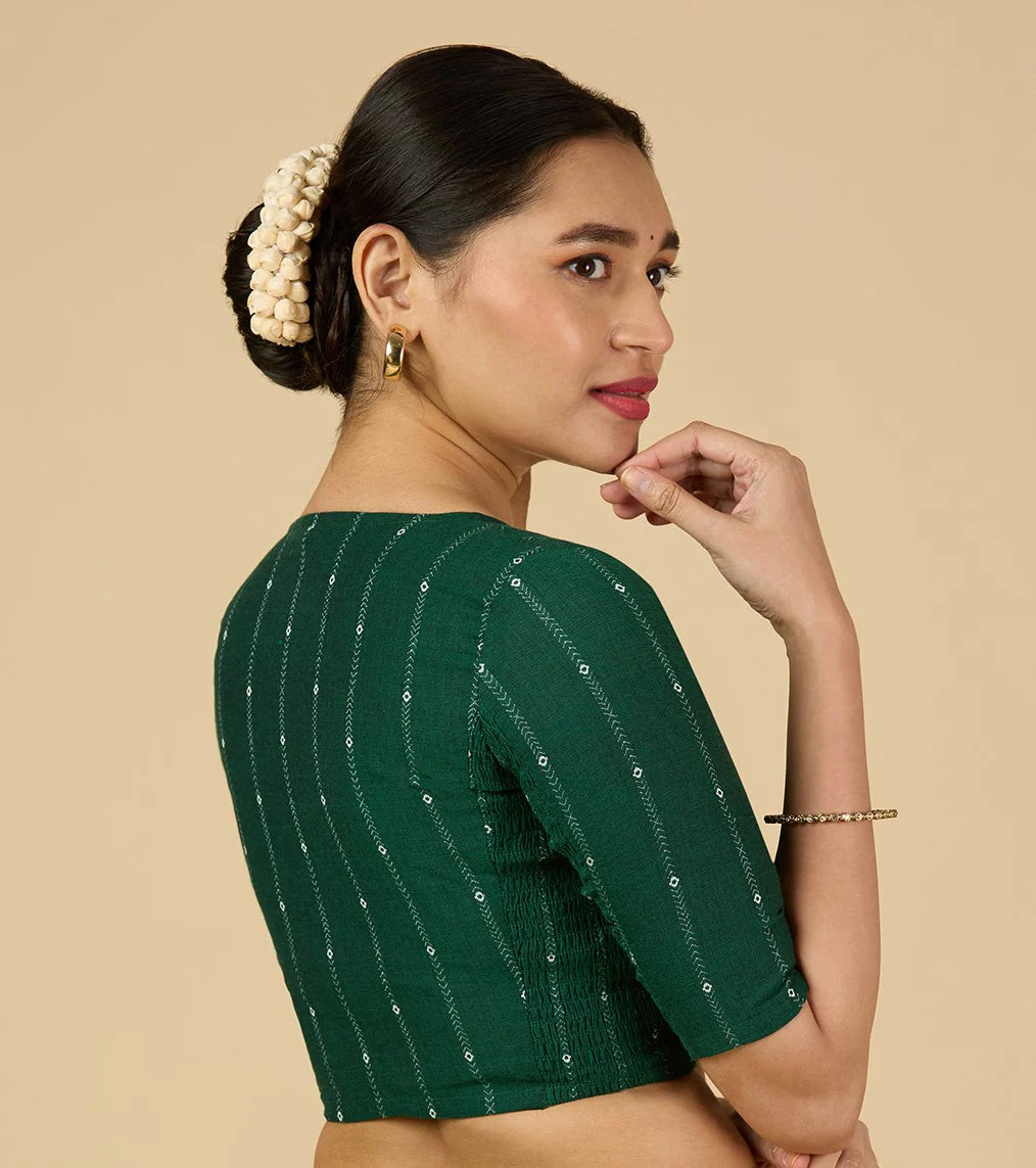 Women’s Green Cool Cotton Side Stretchable Saree Blouse | V-Neck Readymade Blouse