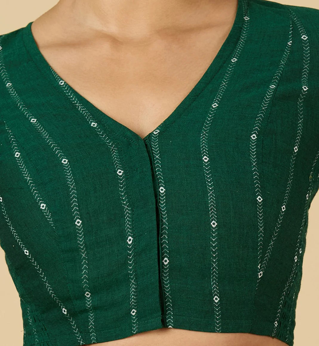 Women’s Green Cool Cotton Side Stretchable Saree Blouse | V-Neck Readymade Blouse