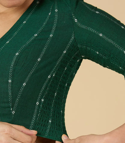 Women’s Green Cool Cotton Side Stretchable Saree Blouse | V-Neck Readymade Blouse