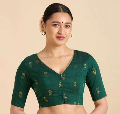 Women’s Green Cotton Silk V-Neck Readymade Saree Blouse with Gold Buttas | Elbow Sleeve