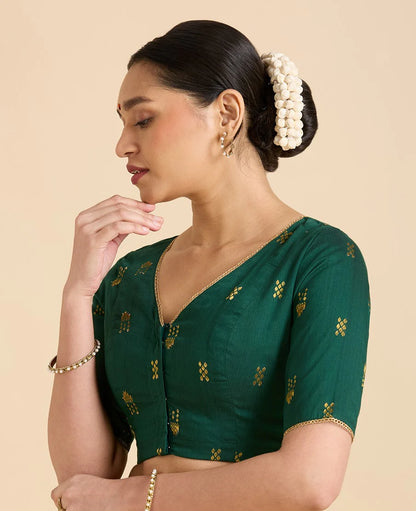 Women’s Green Cotton Silk V-Neck Readymade Saree Blouse with Gold Buttas | Elbow Sleeve