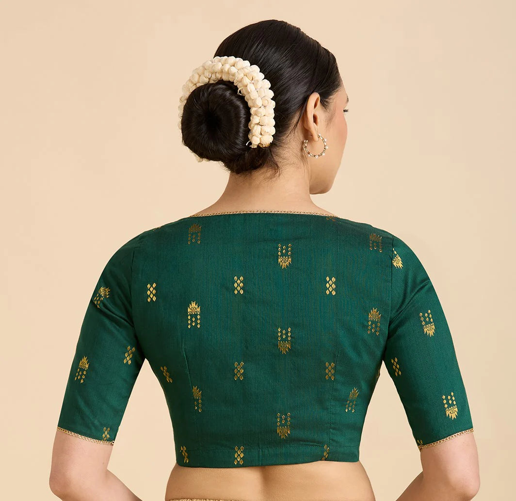 Women’s Green Cotton Silk V-Neck Readymade Saree Blouse with Gold Buttas | Elbow Sleeve
