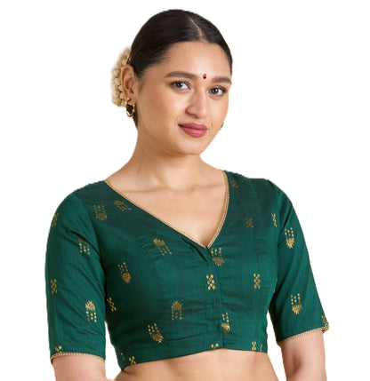 Women’s Green Cotton Silk V-Neck Readymade Saree Blouse with Gold Buttas | Elbow Sleeve