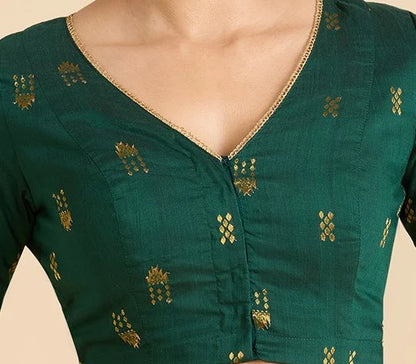 Women’s Green Cotton Silk V-Neck Readymade Saree Blouse with Gold Buttas | Elbow Sleeve