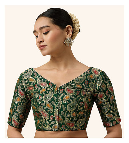 Green Paisley Benaras Brocade Readymade Blouse - V Neck Elbow Sleeves front view