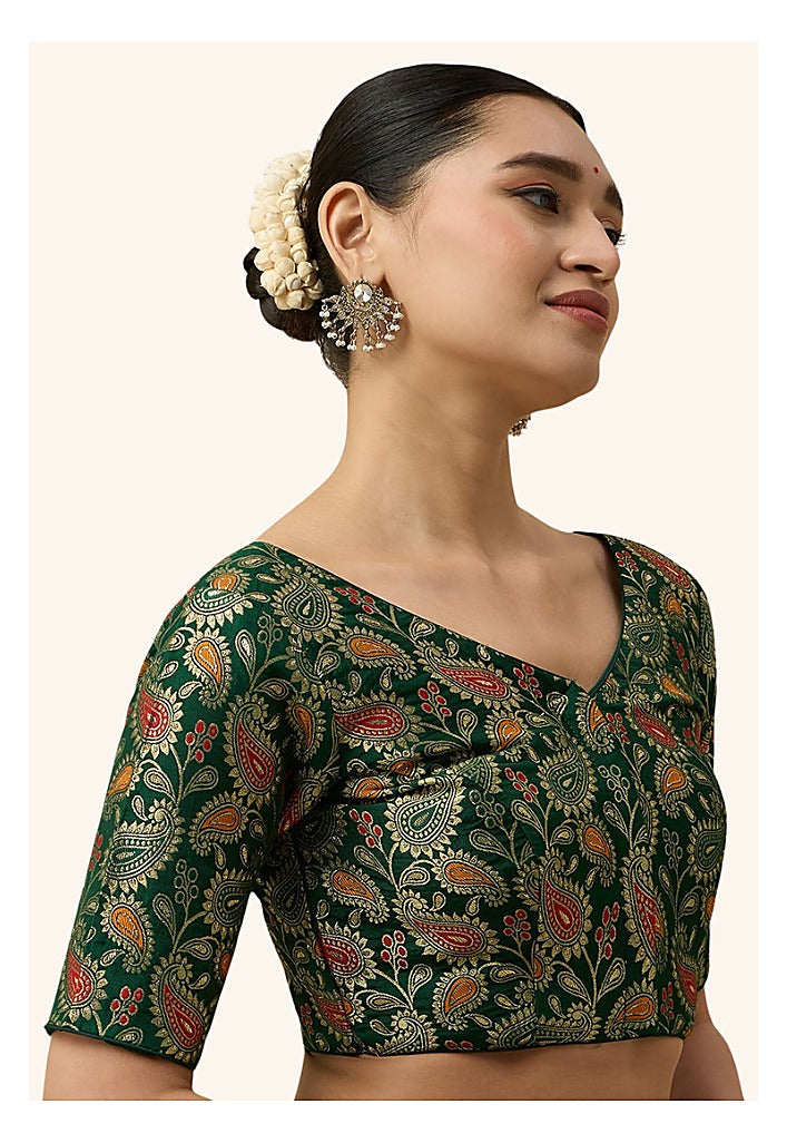 Green Paisley Benaras Brocade Readymade Blouse - V Neck Elbow Sleeves
