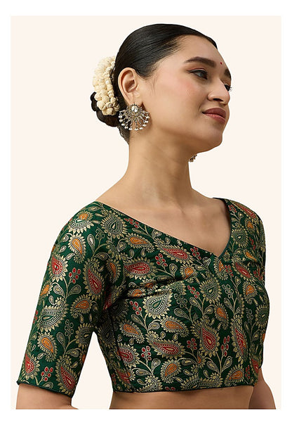 Green Paisley Benaras Brocade Readymade Blouse - V Neck Elbow Sleeves