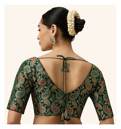 Green Paisley Benaras Brocade Readymade Blouse - V Neck Elbow Sleeves