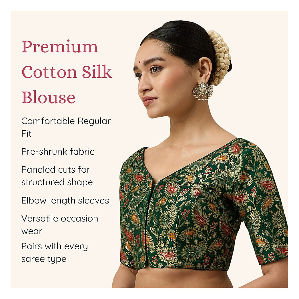 Green Paisley Benaras Brocade Readymade Blouse - V Neck Elbow Sleeves