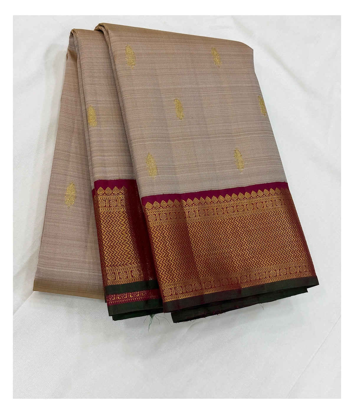 Handwoven Kanchipuram Silk Saree - Beige with Magenta Zari Border front view
