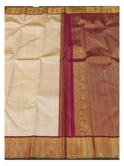 Handwoven Kanchipuram Silk Saree - Beige with Magenta Zari Border