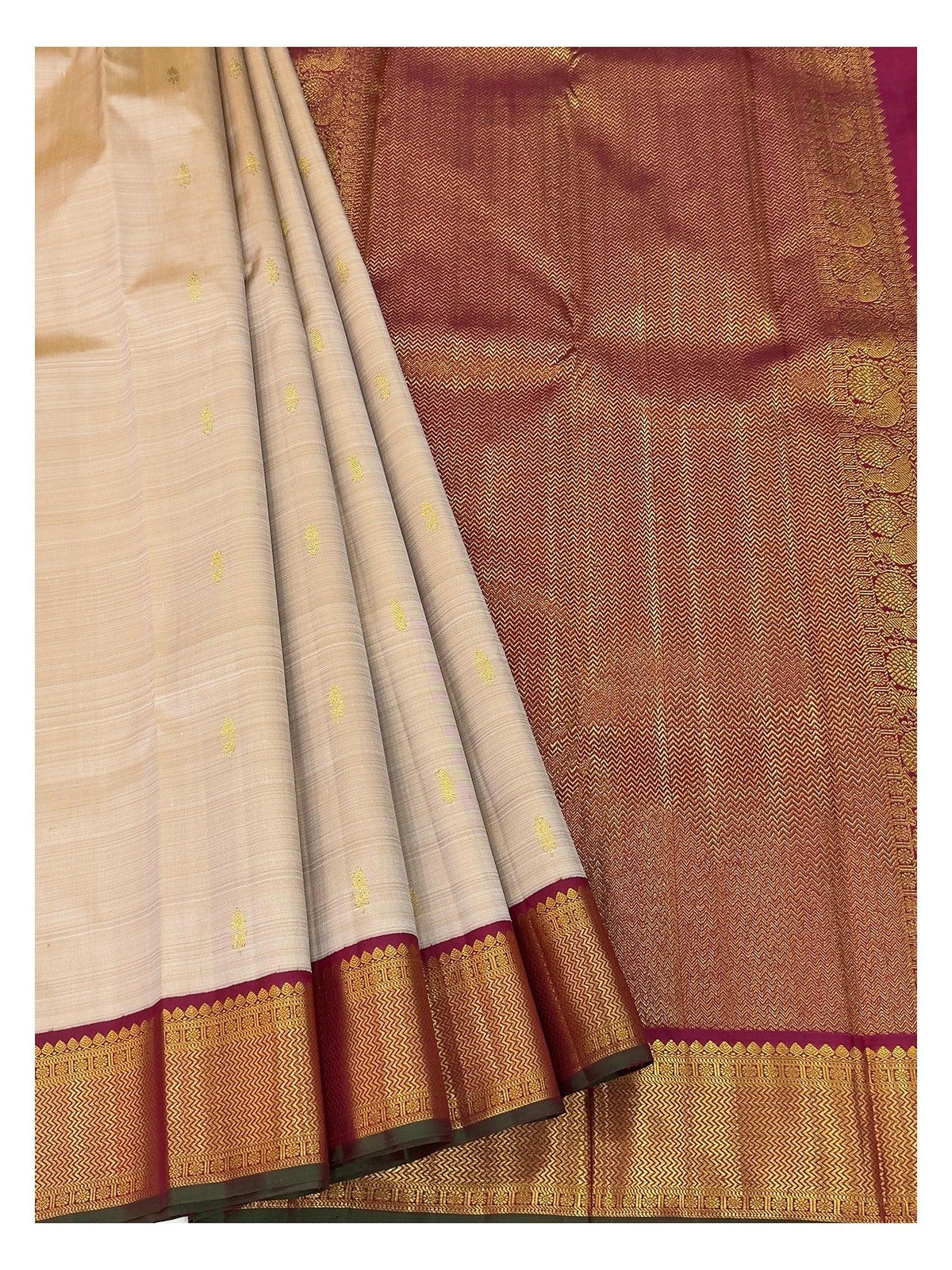 Handwoven Kanchipuram Silk Saree - Beige with Magenta Zari Border