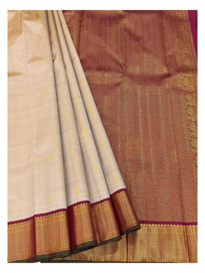 Handwoven Kanchipuram Silk Saree - Beige with Magenta Zari Border
