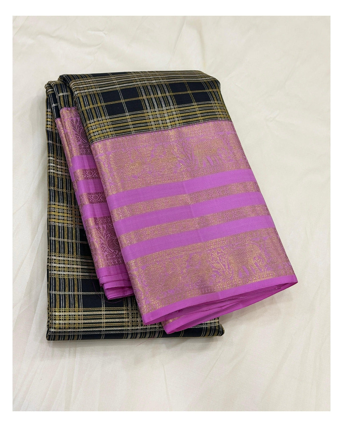Handwoven Kanchipuram Silk Saree - Black Checked Body with Pink Border front view