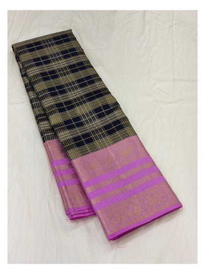 Handwoven Kanchipuram Silk Saree - Black Checked Body with Pink Border