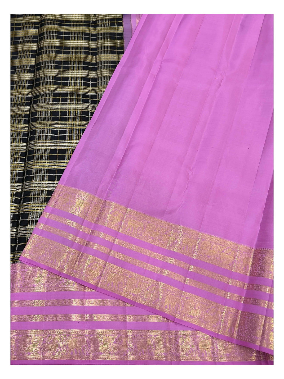 Handwoven Kanchipuram Silk Saree - Black Checked Body with Pink Border