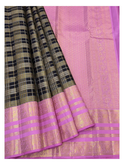 Handwoven Kanchipuram Silk Saree - Black Checked Body with Pink Border