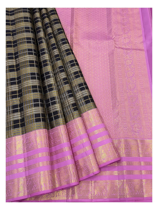 Handwoven Kanchipuram Silk Saree - Black Checked Body with Pink Border