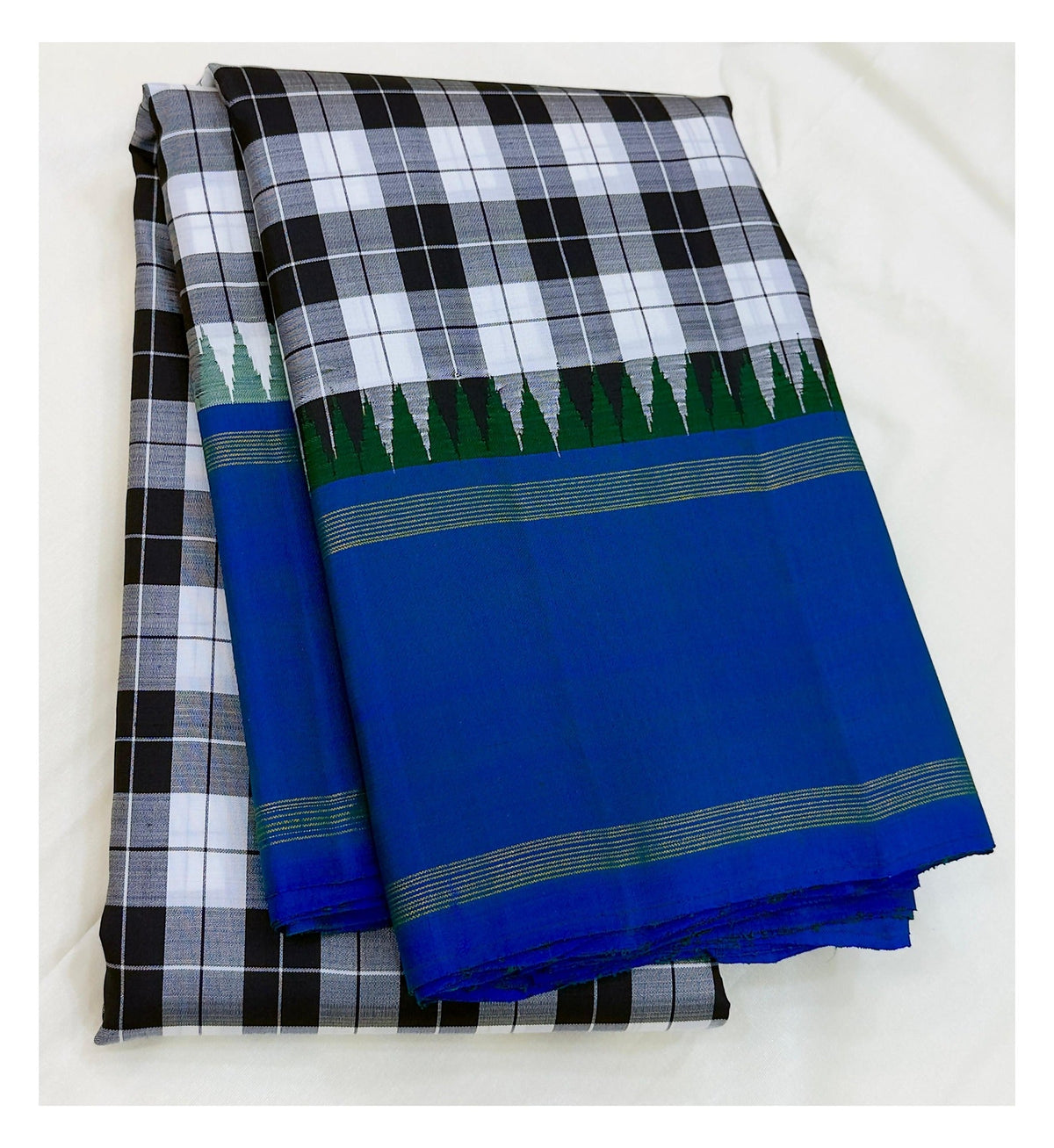 Handwoven Kanchipuram Silk Saree - Black & White Checks with Royal Blue Border front view