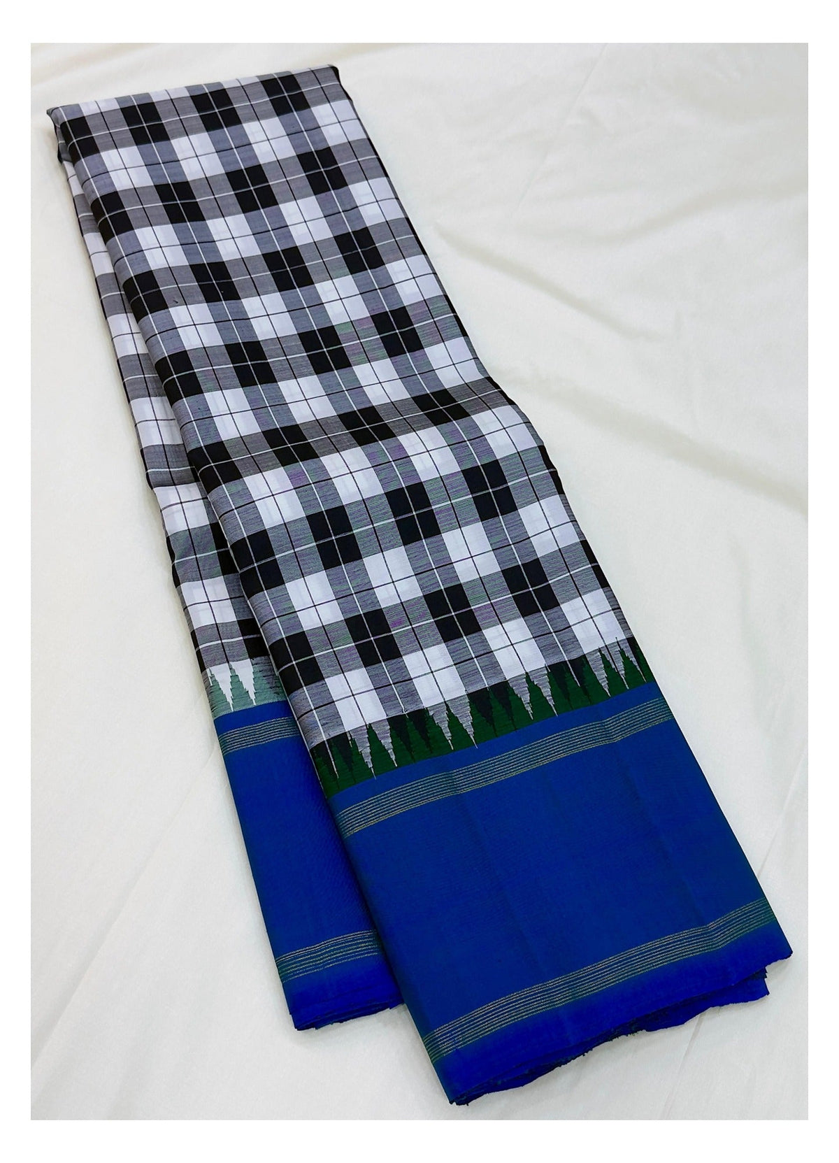Handwoven Kanchipuram Silk Saree - Black & White Checks with Royal Blue Border
