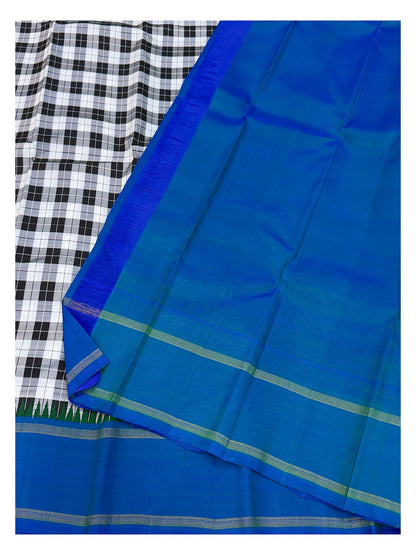 Handwoven Kanchipuram Silk Saree - Black & White Checks with Royal Blue Border