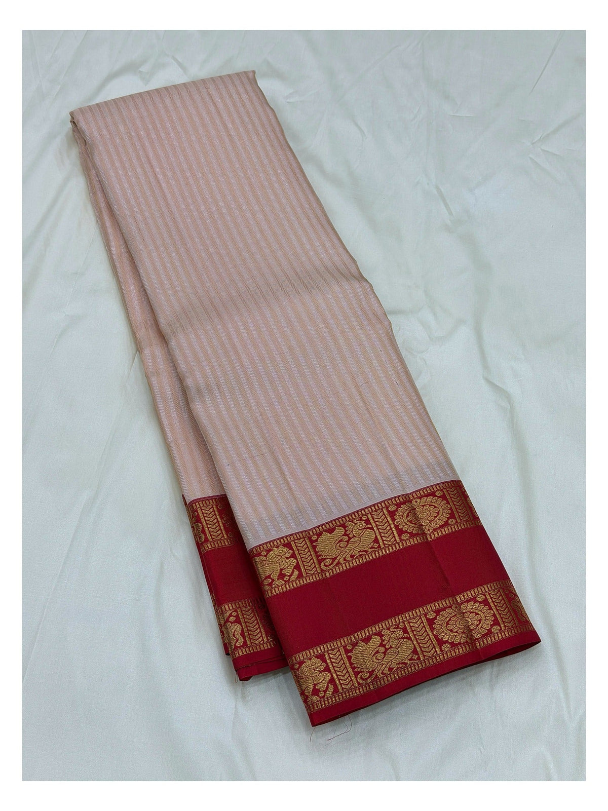 Handwoven Kanchipuram Silk Saree - Blush Pink with Red and Gold-Toned Peacock Border