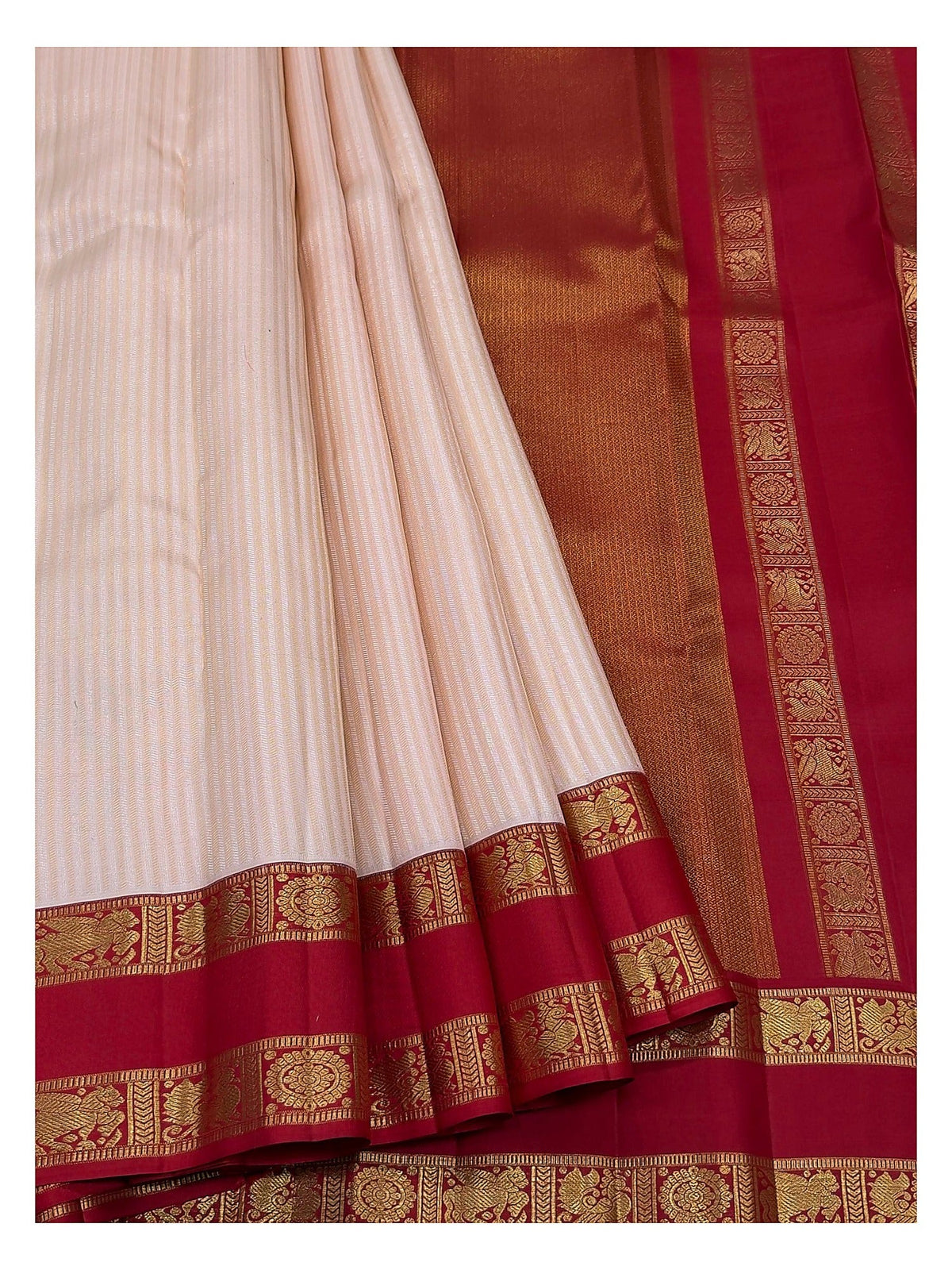 Handwoven Kanchipuram Silk Saree - Blush Pink with Red Peacock Border and Gold-Toned Pallu