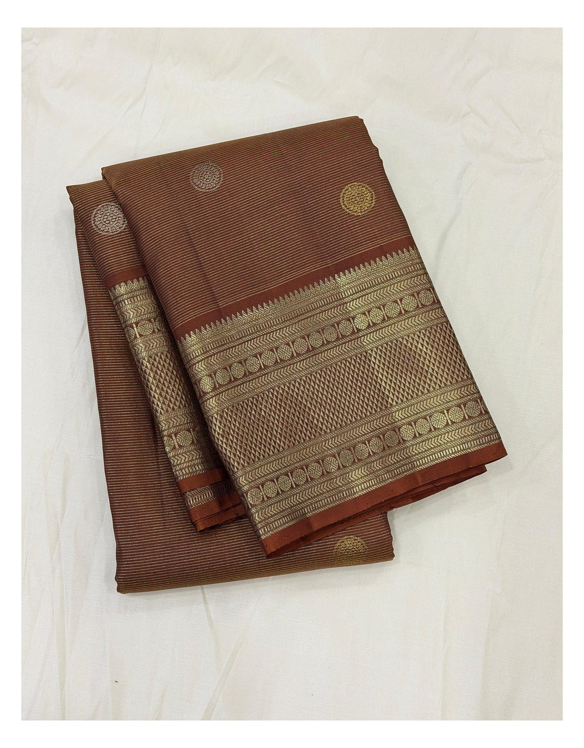 Handwoven Kanchipuram Silk Saree - Copper Brown with Dual-Tone Buttas front view