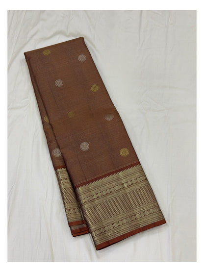Handwoven Kanchipuram Silk Saree - Copper Brown with Dual-Tone Buttas