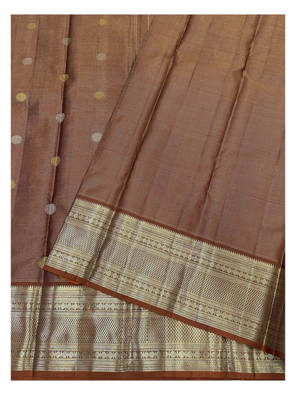 Handwoven Kanchipuram Silk Saree - Copper Brown with Dual-Tone Buttas