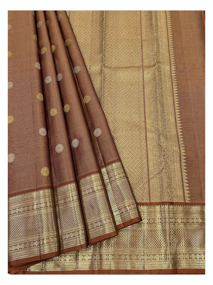 Handwoven Kanchipuram Silk Saree - Copper Brown with Dual-Tone Buttas
