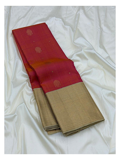 Handwoven Kanchipuram Silk Saree - Coral Pink with Champagne Gold Zari Border