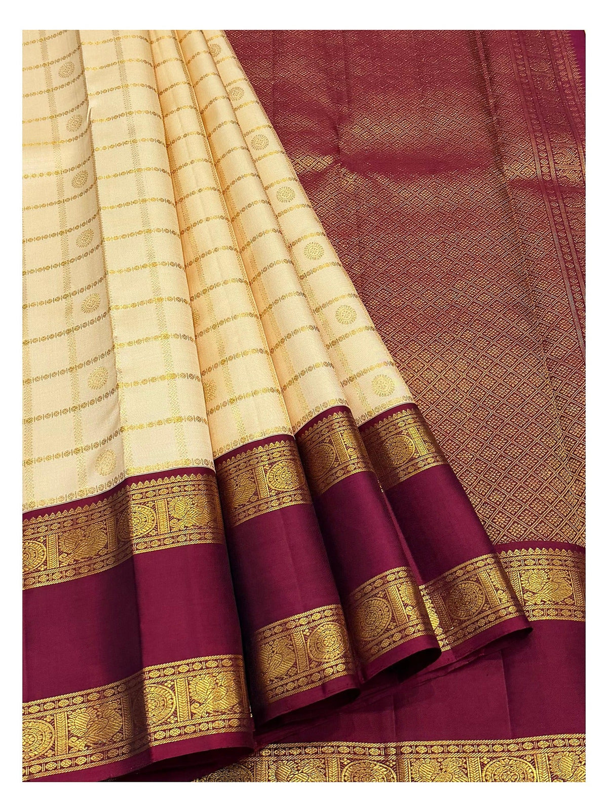 Handwoven Kanchipuram Silk Saree - Cream with Wine Border