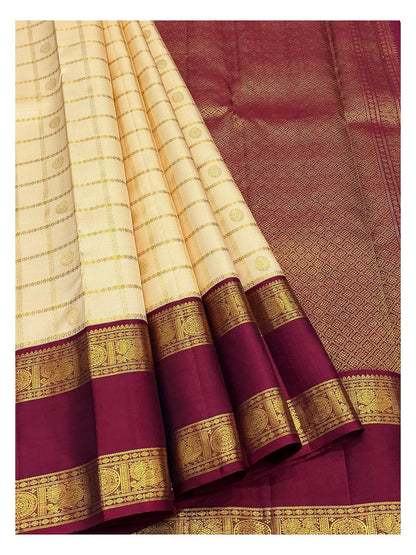 Handwoven Kanchipuram Silk Saree - Cream with Wine Border