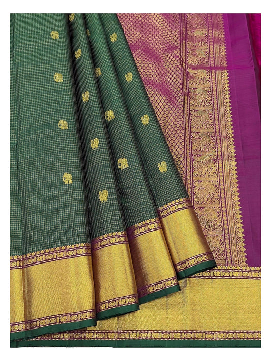 Handwoven Kanchipuram Silk Saree - Dark Green with Elephant Buttas, Gold Border and Magenta Pallu front view