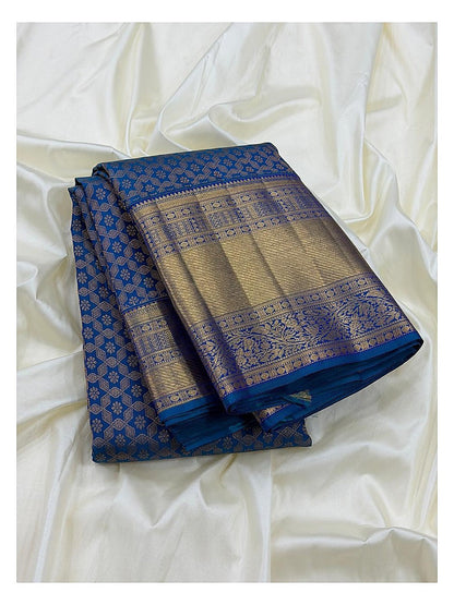 Handwoven Kanchipuram Silk Saree - Deep Blue with Gold-Toned Border