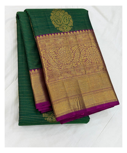 Handwoven Kanchipuram Silk Saree - Deep Green with Magenta Contrast front view