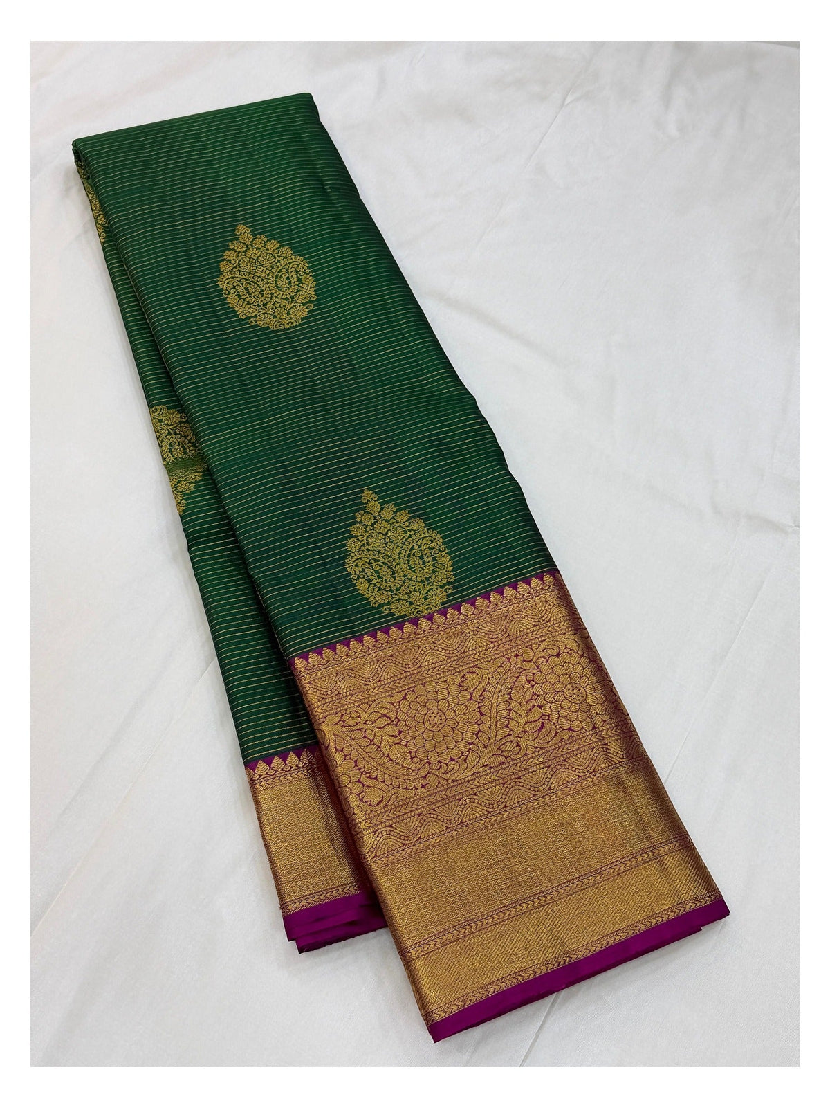 Handwoven Kanchipuram Silk Saree - Deep Green with Magenta Contrast