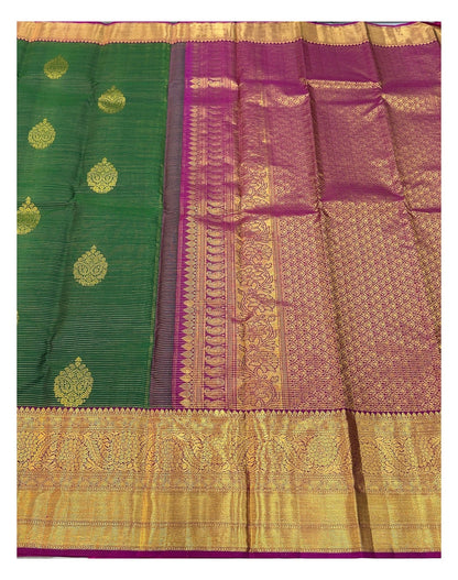 Handwoven Kanchipuram Silk Saree - Deep Green with Magenta Contrast