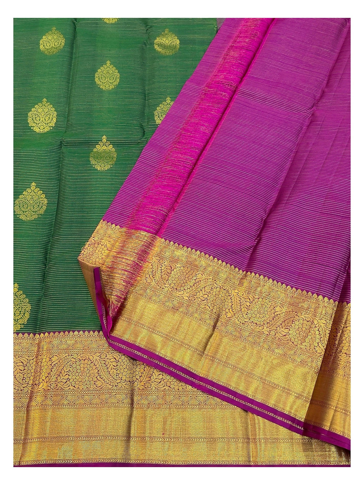 Handwoven Kanchipuram Silk Saree - Deep Green with Magenta Contrast