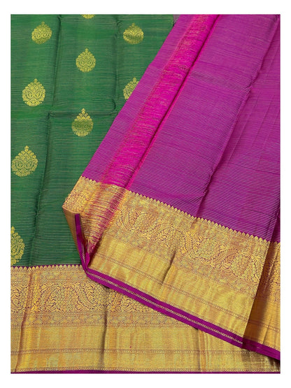 Handwoven Kanchipuram Silk Saree - Deep Green with Magenta Contrast